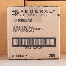 Image of 30.06 Springfield ammo by Federal that's ideal for big game hunting, hunting wild pigs, whitetail hunting.