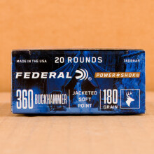 A photograph of 20 rounds of 180 grain 360 Buckhammer ammo with a Jacketed Soft-Point (JSP) bullet for sale.