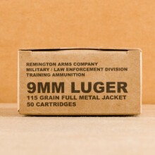 A photograph of 500 rounds of 115 grain 9mm Luger ammo with a FMJ bullet for sale.