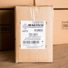 A photograph detailing the .40 Smith & Wesson ammo with FMJ bullets made by Magtech.