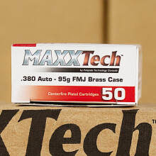 A photo of a box of MaxxTech ammo in .380 Auto.