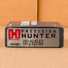 A photograph detailing the 280 Ackley Improved ammo with ELD-X bullets made by Hornady.