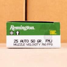 A photograph detailing the .25 ACP ammo with FMJ bullets made by Remington.