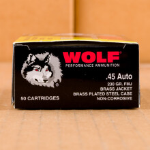 A photograph of 50 rounds of 230 grain .45 Automatic ammo with a FMJ bullet for sale.