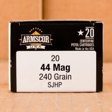 Image of 44 Remington Magnum ammo by Armscor that's ideal for home protection, hunting varmint sized game, hunting wild pigs, Subsonic, whitetail hunting.