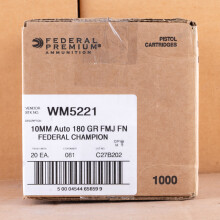 A photograph detailing the 10mm ammo with FMJ bullets made by Federal.