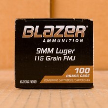 Image of 9mm Luger ammo by Blazer Brass that's ideal for training at the range.