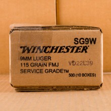 A photograph of 500 rounds of 115 grain 9mm Luger ammo with a full metal jacket flat-point bullet for sale.