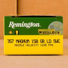 A photograph detailing the 357 Magnum ammo with Lead Semi-Wadcutter (LSWC) bullets made by Remington.