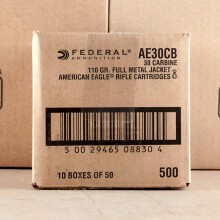 A photograph detailing the .30 Carbine ammo with FMJ bullets made by Federal.