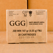 A photograph detailing the 308 / 7.62x51 ammo with FMJ bullets made by GGG Ammunition.