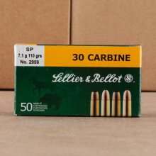 A photograph of 50 rounds of 110 grain .30 Carbine ammo with a soft point bullet for sale.