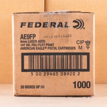 A photograph detailing the 9mm Luger ammo with full metal jacket flat-point bullets made by Federal.