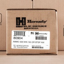 Image of 308 / 7.62x51 ammo by Hornady that's ideal for big game hunting, hunting wild pigs, whitetail hunting.