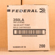 A photograph detailing the 350 Legend ammo with soft point bullets made by Federal.