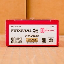 A photograph of 50 rounds of 90 grain 30 Super Carry ammo with a FMJ bullet for sale.