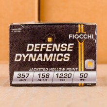 A photograph detailing the 357 Magnum ammo with JHP bullets made by Fiocchi.