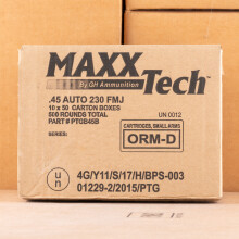 A photo of a box of MaxxTech ammo in .45 Automatic.