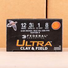 Photo detailing the 12 GAUGE FEDERAL ULTRA CLAY & FIELD 2-3/4" 1 OZ. #8 SHOT (250 ROUNDS) for sale at AmmoMan.com.