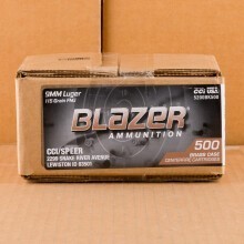 A photograph detailing the 9mm Luger ammo with FMJ bullets made by Blazer.