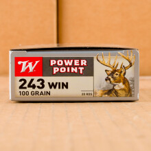 A photograph of 20 rounds of 100 grain 243 Winchester ammo with a Power-Point (PP) bullet for sale.