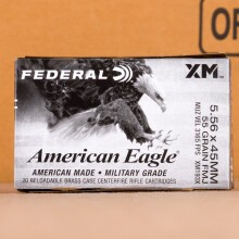 A photograph of 500 rounds of 55 grain 5.56x45mm ammo with a FMJ-BT bullet for sale.