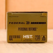 A photograph of 20 rounds of 230 grain 44 Remington Magnum ammo with a JHP bullet for sale.