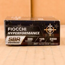 A photograph detailing the 300 AAC Blackout ammo with SST bullets made by Fiocchi.