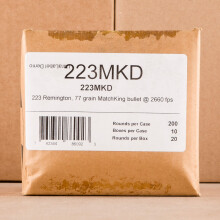 A photograph of 200 rounds of 77 grain 223 Remington ammo with a Hollow-Point Boat Tail (HP-BT) bullet for sale.
