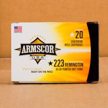 Image of 223 Remington ammo by Armscor that's ideal for home protection, hunting varmint sized game, training at the range.