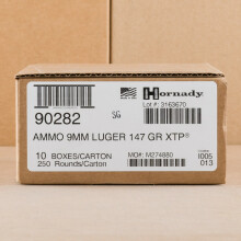 A photo of a box of Hornady ammo in 9mm Luger.