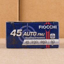 A photograph of 50 rounds of 230 grain .45 Automatic ammo with a FMJ bullet for sale.