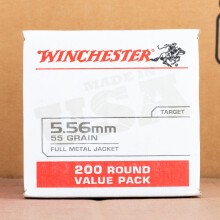 A photograph of 200 rounds of 55 grain 5.56x45mm ammo with a FMJ bullet for sale.