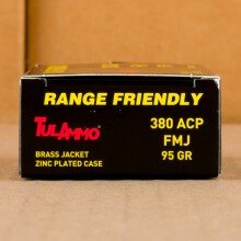A photograph detailing the .380 Auto ammo with FMJ bullets made by Tula Cartridge Works.