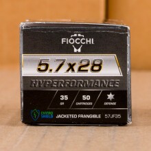 A photograph detailing the 5.7 x 28 ammo with frangible bullets made by Fiocchi.