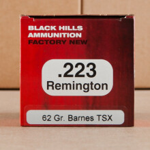 Image of 223 Remington ammo by Black Hills Ammunition that's ideal for home protection, hunting wild pigs, whitetail hunting.