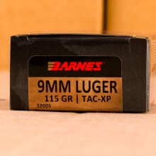 A photo of a box of Barnes ammo in 9mm Luger.