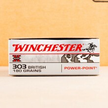 Image of 303 British ammo by Winchester that's ideal for big game hunting, hunting wild pigs, whitetail hunting.