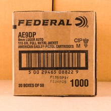 A photograph of 1000 rounds of 115 grain 9mm Luger ammo with a FMJ bullet for sale.