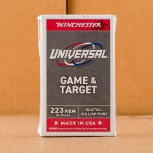 A photograph of 20 rounds of 55 grain 223 Remington ammo with a Hollow-Point Boat Tail (HP-BT) bullet for sale.