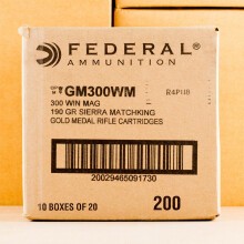 Photo of 300 Winchester Magnum Hollow-Point Boat Tail (HP-BT) ammo by Federal for sale.