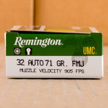 A photograph detailing the .32 ACP ammo with FMJ bullets made by Remington.
