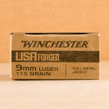 A photograph of 50 rounds of 115 grain 9mm Luger ammo with a FMJ bullet for sale.