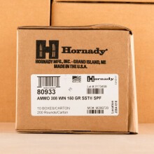 Image of 308 / 7.62x51 ammo by Hornady that's ideal for big game hunting, hunting wild pigs, whitetail hunting.