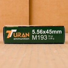 A photo of a box of Turan ammo in 5.56x45mm that's often used for training at the range.