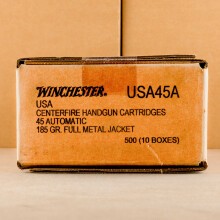A photograph detailing the .45 Automatic ammo with FMJ bullets made by Winchester.