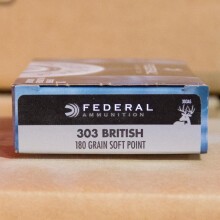 A photograph detailing the 303 British ammo with Jacketed Soft-Point (JSP) bullets made by Federal.