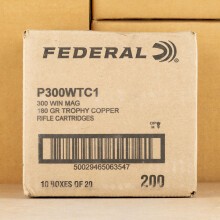 Image of 300 Winchester Magnum ammo by Federal that's ideal for big game hunting, hunting wild pigs, whitetail hunting.