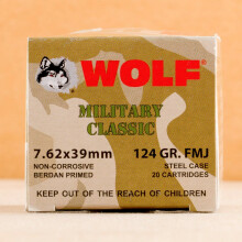 A photograph detailing the 7.62 x 39 ammo with FMJ bullets made by Wolf.