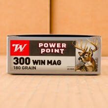 A photograph detailing the 300 Winchester Magnum ammo with Power-Point (PP) bullets made by Winchester.